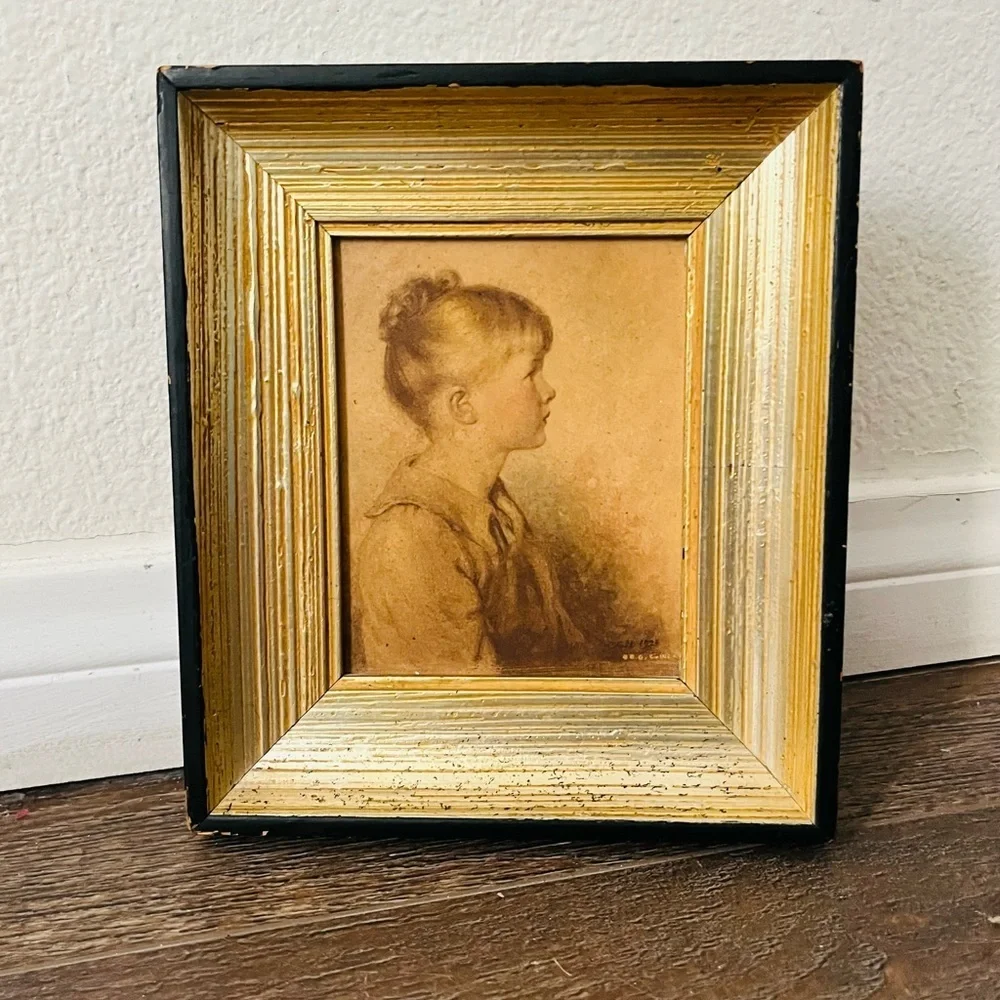 Vintage Gold and Black Framed Portrait - Sidney Bell”Charlotte “ 6/8 Inch
